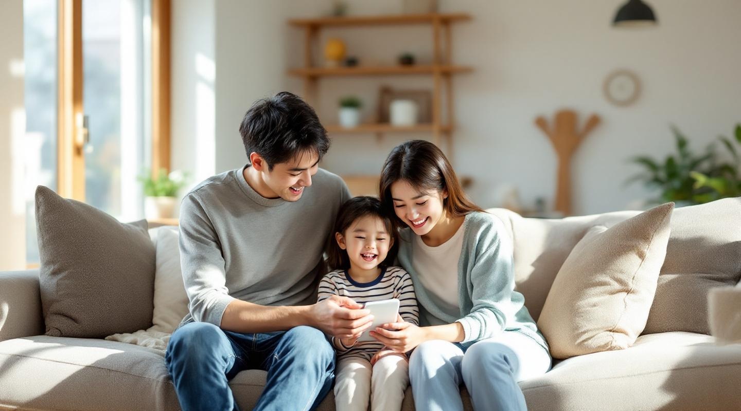 家族がリビングで過ごす温かな風景